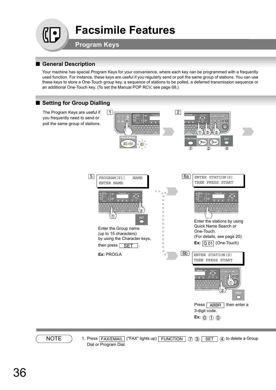 Program keys, General description, Setting for group dialling | Facsimile features | Panasonic DP-180 User Manual | Page 36 / 194