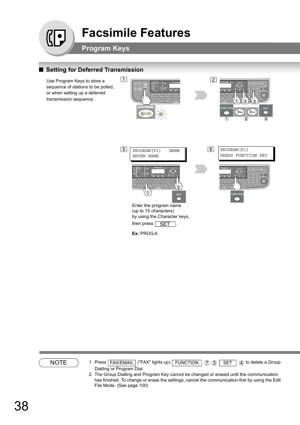 Setting for deferred transmission, Facsimile features, Program keys | Panasonic DP-180 User Manual | Page 38 / 194