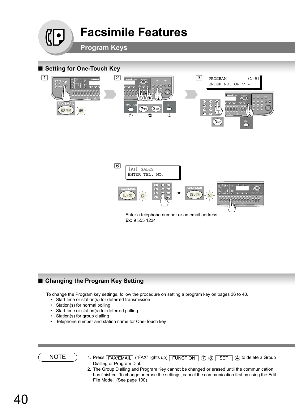 Setting for one-touch key, Changing the program key setting, Facsimile features | Program keys | Panasonic DP-180 User Manual | Page 40 / 194