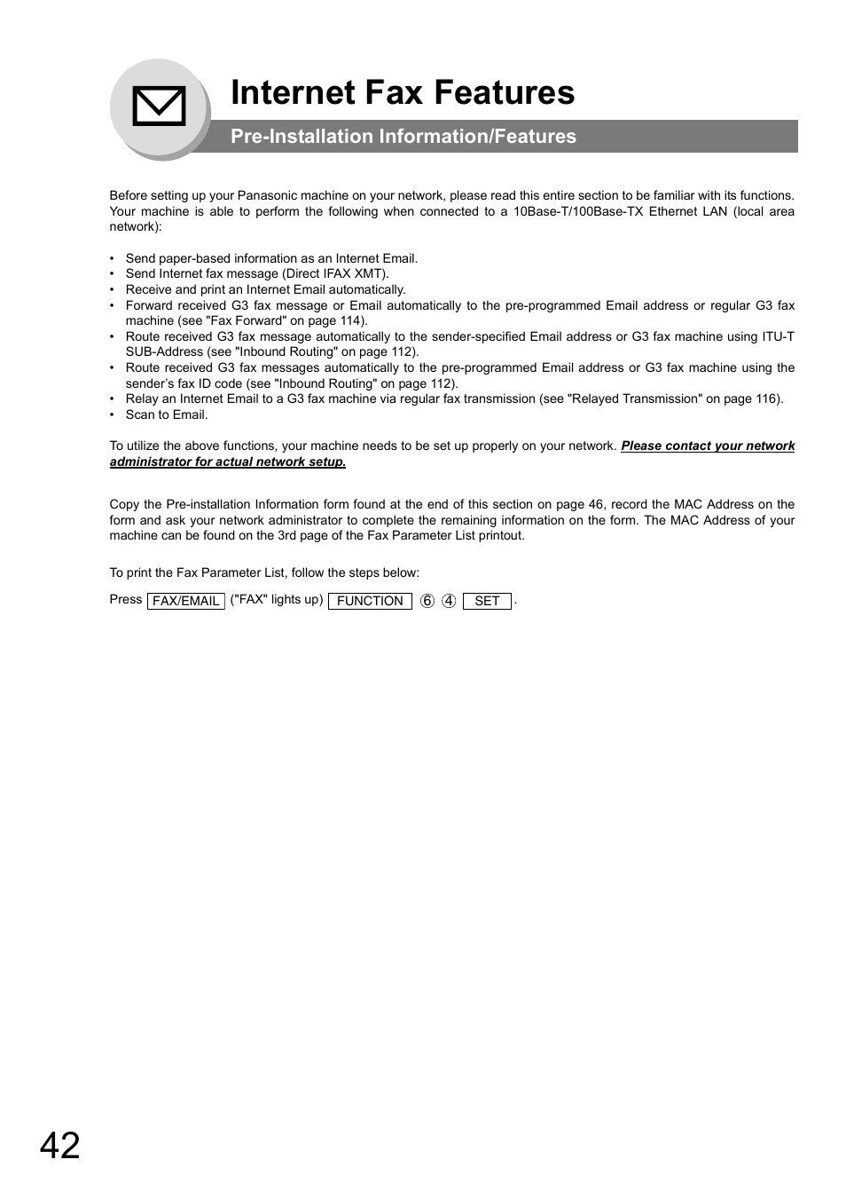 Internet fax features, Pre-installation information/features | Panasonic DP-180 User Manual | Page 42 / 194