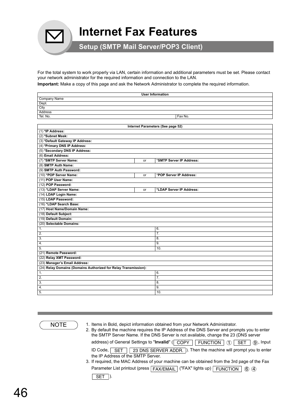 Internet fax features, Setup (smtp mail server/pop3 client) | Panasonic DP-180 User Manual | Page 46 / 194
