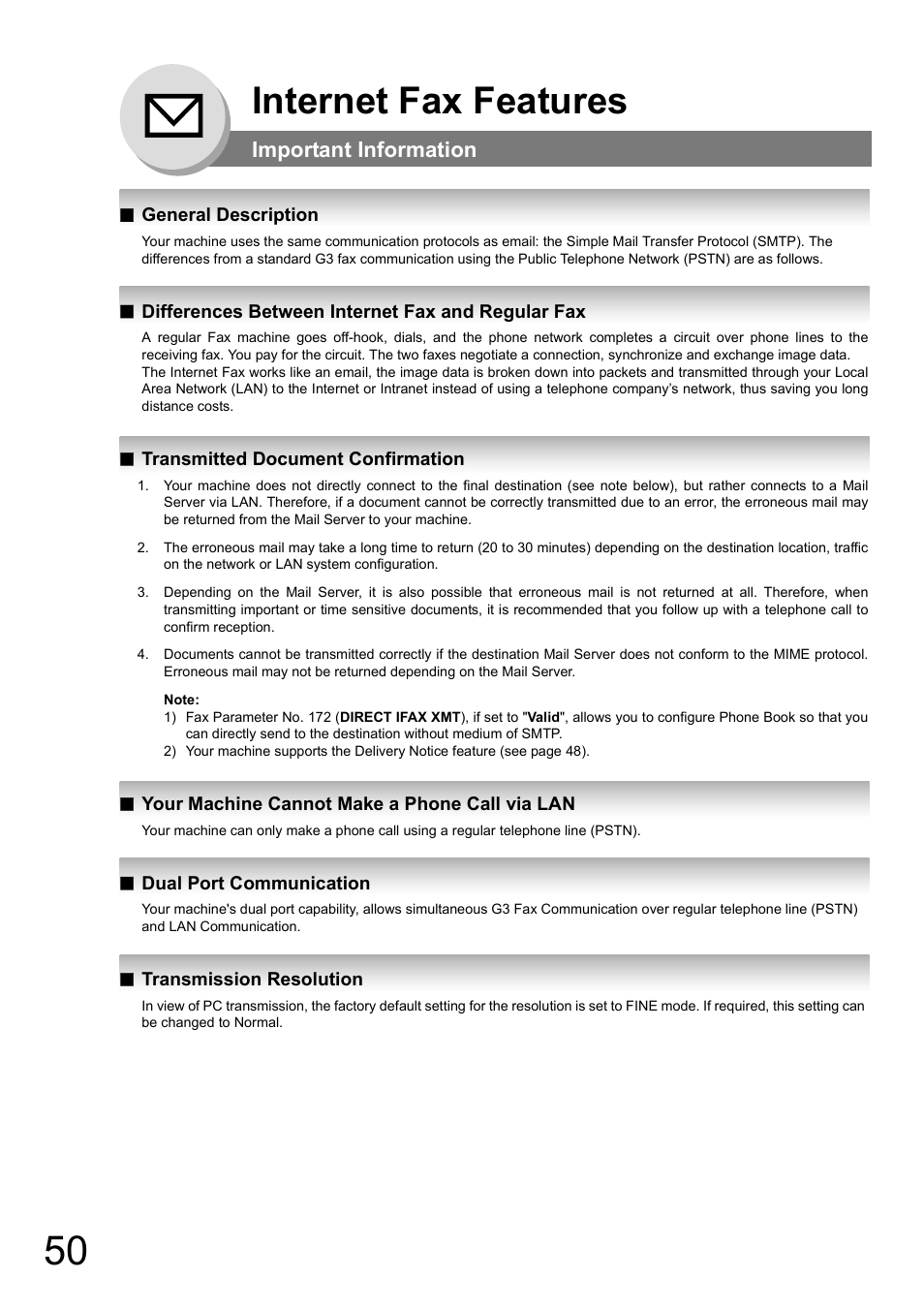 Important information, General description, Differences between internet fax and regular fax | Transmitted document confirmation, Your machine cannot make a phone call via lan, Dual port communication, Transmission resolution, Internet fax features | Panasonic DP-180 User Manual | Page 50 / 194