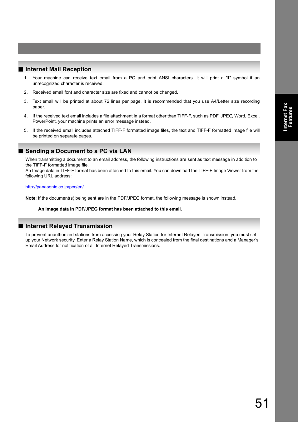 Internet mail reception, Sending a document to a pc via lan, Internet relayed transmission | Panasonic DP-180 User Manual | Page 51 / 194