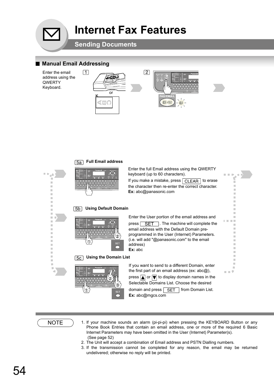 Sending documents, Manual email addressing, Internet fax features | Panasonic DP-180 User Manual | Page 54 / 194