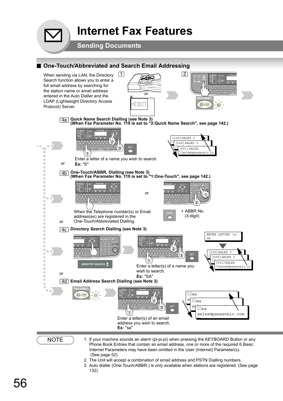 One-touch/abbreviated and search email addressing, Internet fax features, Sending documents | Panasonic DP-180 User Manual | Page 56 / 194