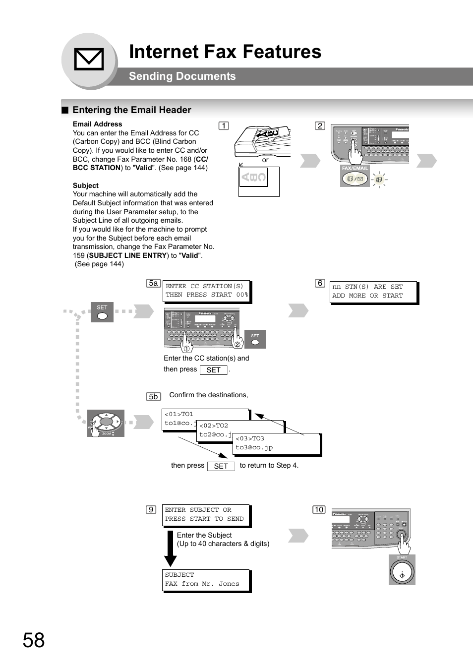 Entering the email header, Internet fax features, Sending documents | Panasonic DP-180 User Manual | Page 58 / 194