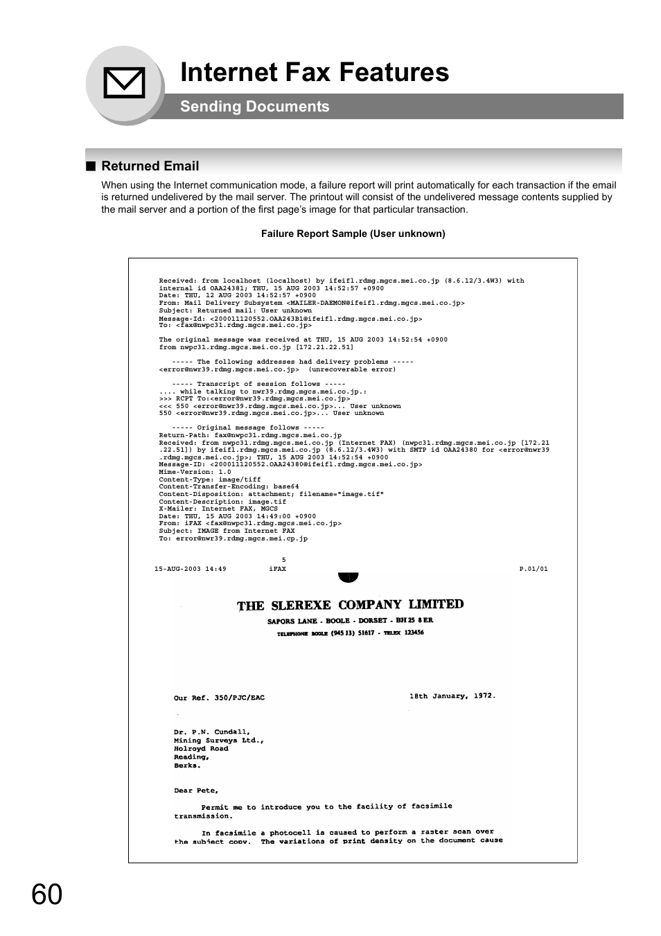 Returned email, Internet fax features, Sending documents | Panasonic DP-180 User Manual | Page 60 / 194