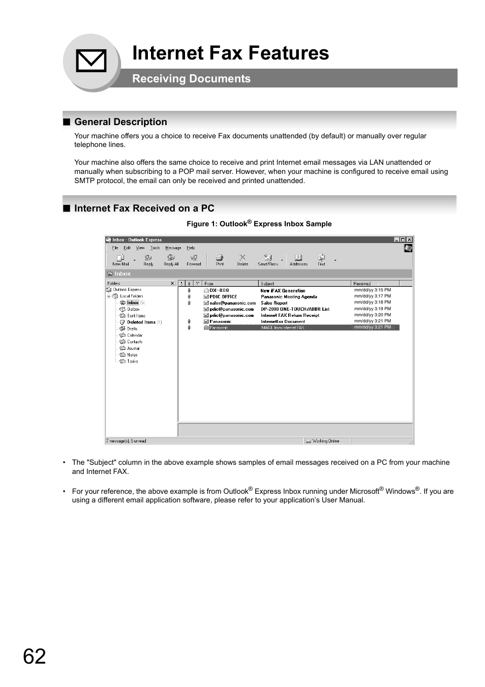 Receiving documents, General description, Internet fax received on a pc | Internet fax features | Panasonic DP-180 User Manual | Page 62 / 194