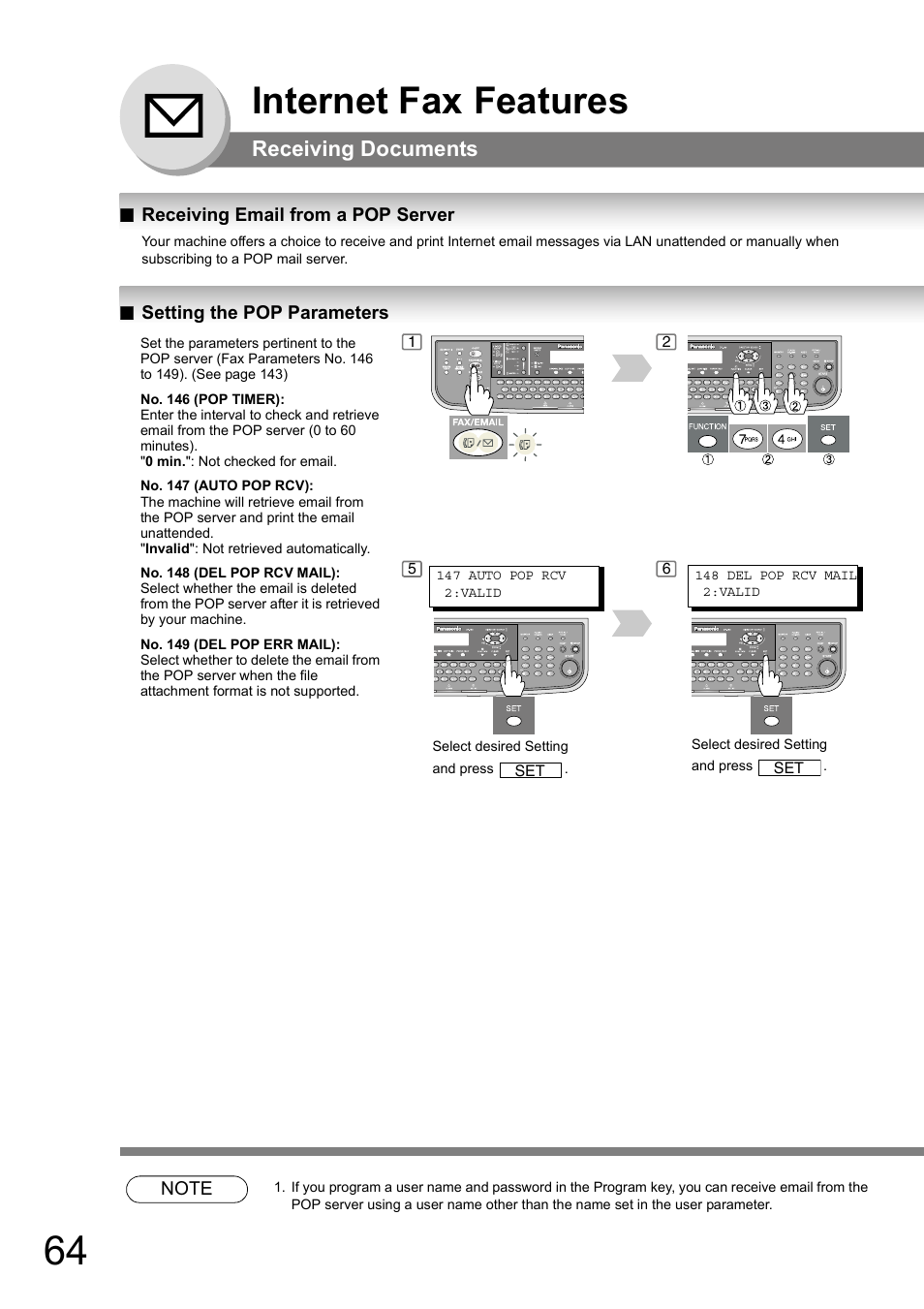 Receiving email from a pop server, Setting the pop parameters, Internet fax features | Receiving documents | Panasonic DP-180 User Manual | Page 64 / 194