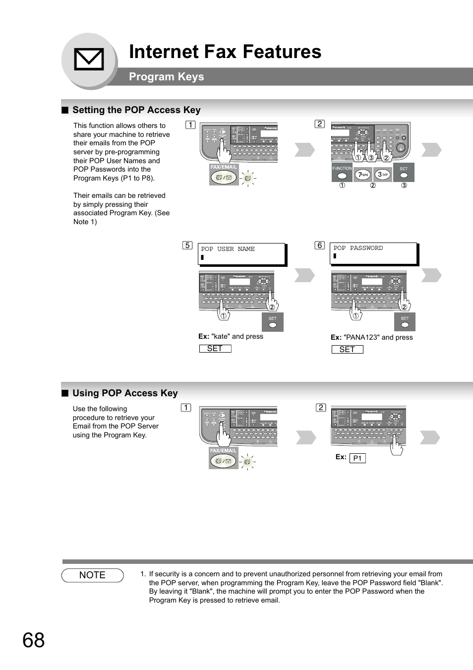 Program keys, Setting the pop access key, Using pop access key | Internet fax features | Panasonic DP-180 User Manual | Page 68 / 194