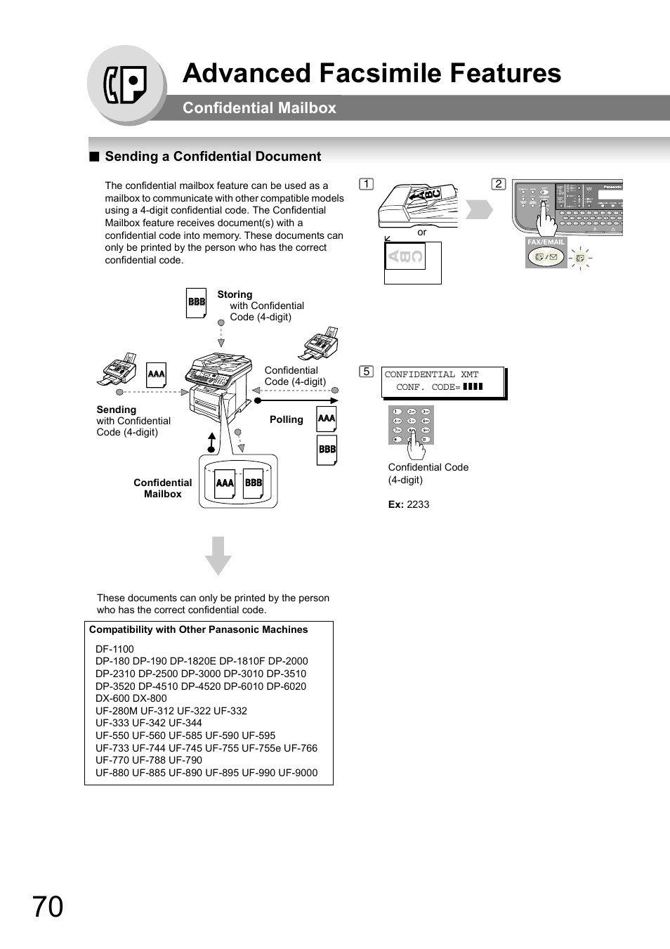 Advanced facsimile features, Confidential mailbox, Sending a confidential document | S 70, 78, and | Panasonic DP-180 User Manual | Page 70 / 194