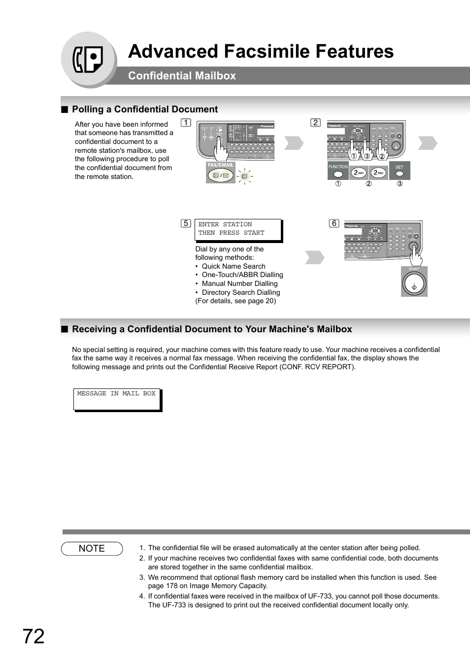 Polling a confidential document, Advanced facsimile features, Confidential mailbox | Panasonic DP-180 User Manual | Page 72 / 194