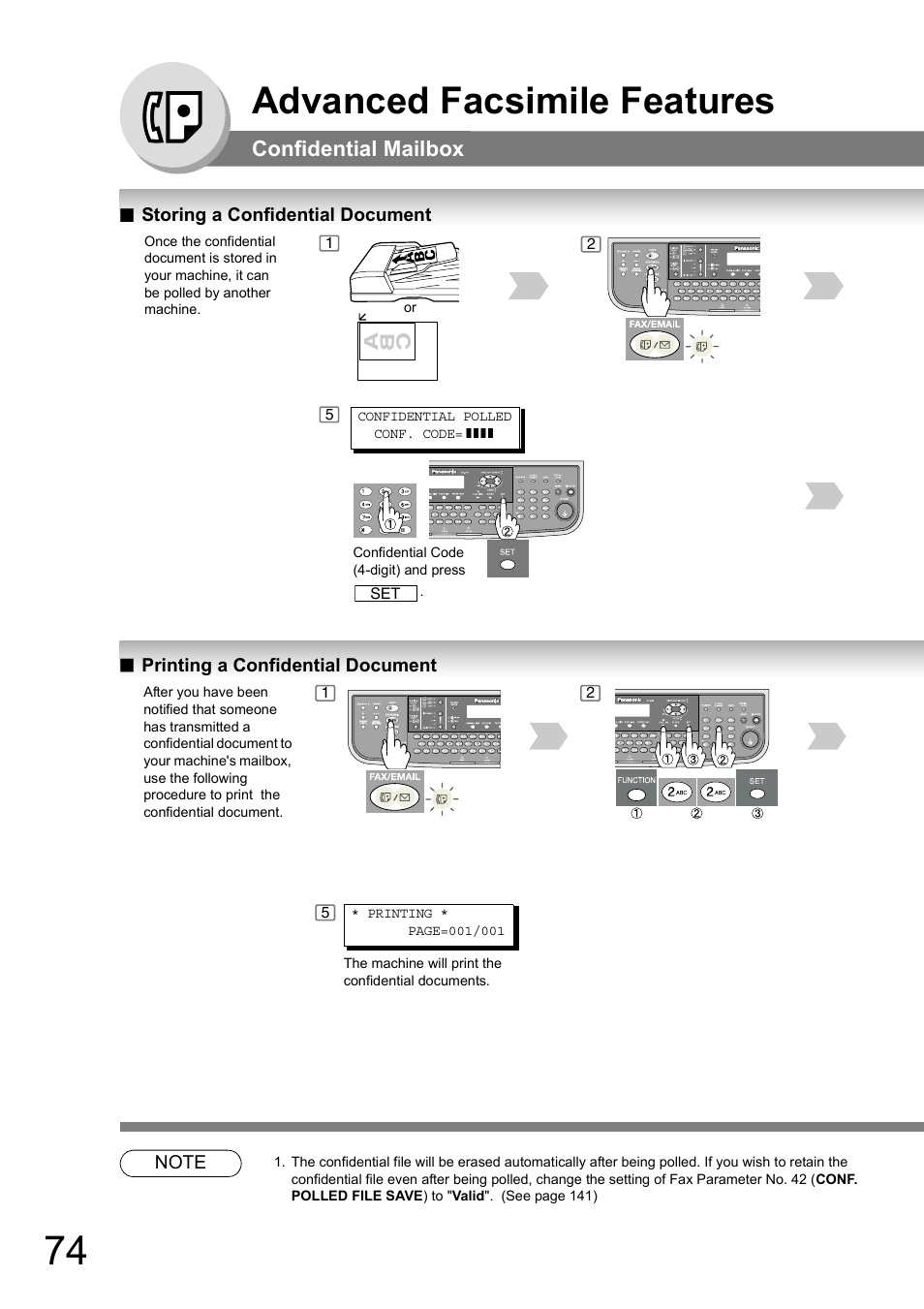 Storing a confidential document, Printing a confidential document, Advanced facsimile features | Confidential mailbox | Panasonic DP-180 User Manual | Page 74 / 194