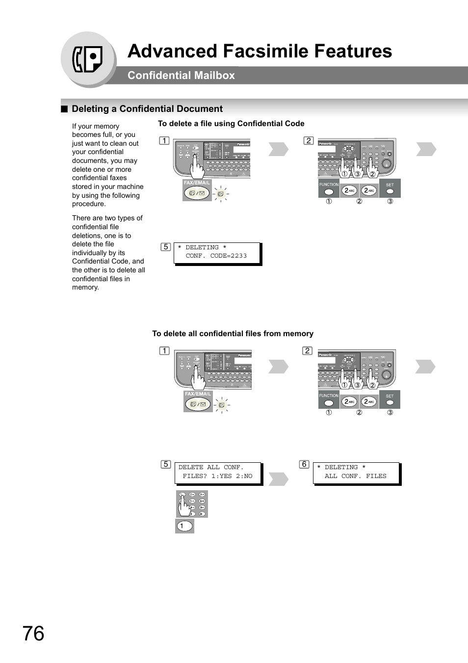 Deleting a confidential document, Advanced facsimile features, Confidential mailbox | Panasonic DP-180 User Manual | Page 76 / 194