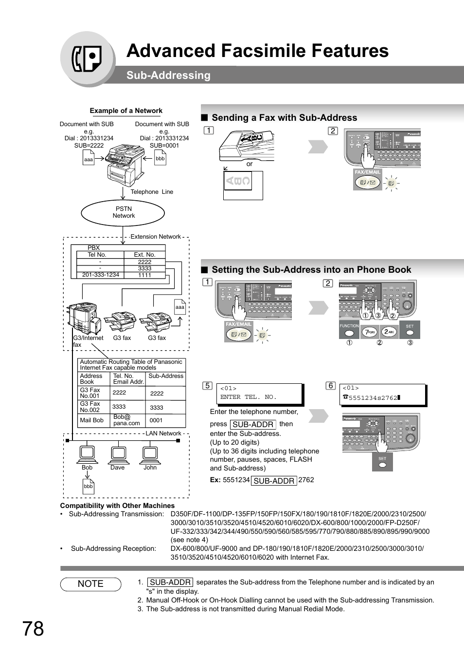 Sub-addressing, Sending a fax with sub-address, Setting the sub-address into an phone book | Advanced facsimile features, Sub-addr | Panasonic DP-180 User Manual | Page 78 / 194