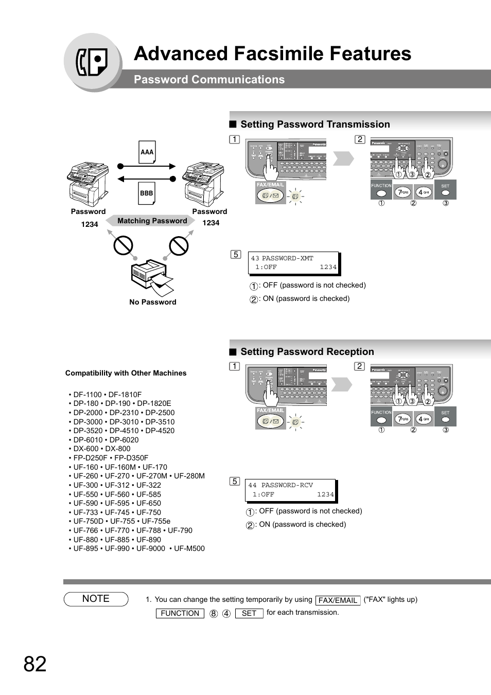 Password communications, Setting password transmission, Setting password reception | Advanced facsimile features | Panasonic DP-180 User Manual | Page 82 / 194