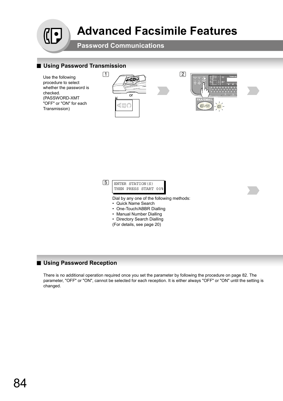 Using password transmission, Using password reception, Advanced facsimile features | Password communications | Panasonic DP-180 User Manual | Page 84 / 194