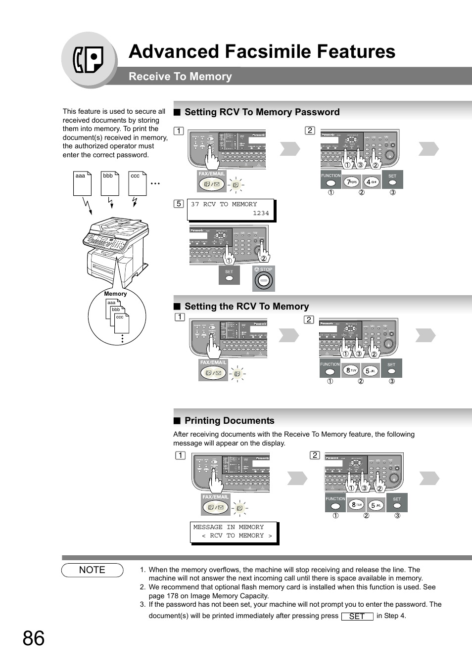 Receive to memory, Setting rcv to memory password, Setting the rcv to memory | Printing documents, Advanced facsimile features | Panasonic DP-180 User Manual | Page 86 / 194