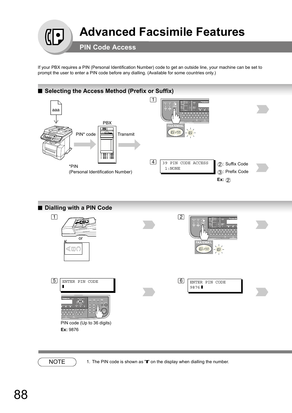 Pin code access, Selecting the access method (prefix or suffix), Dialling with a pin code | Advanced facsimile features | Panasonic DP-180 User Manual | Page 88 / 194