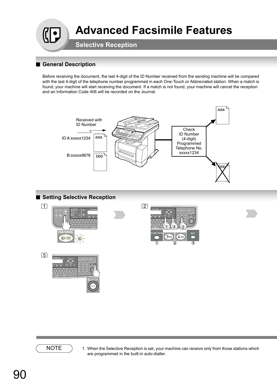 Selective reception, General description, Setting selective reception | Advanced facsimile features | Panasonic DP-180 User Manual | Page 90 / 194