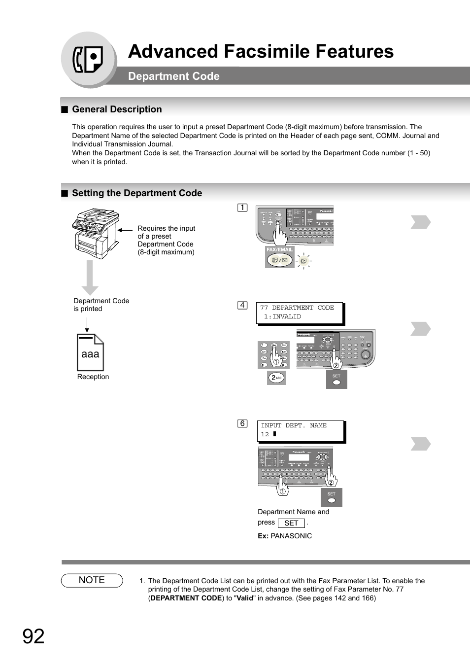 Department code, General description, Setting the department code | Advanced facsimile features | Panasonic DP-180 User Manual | Page 92 / 194