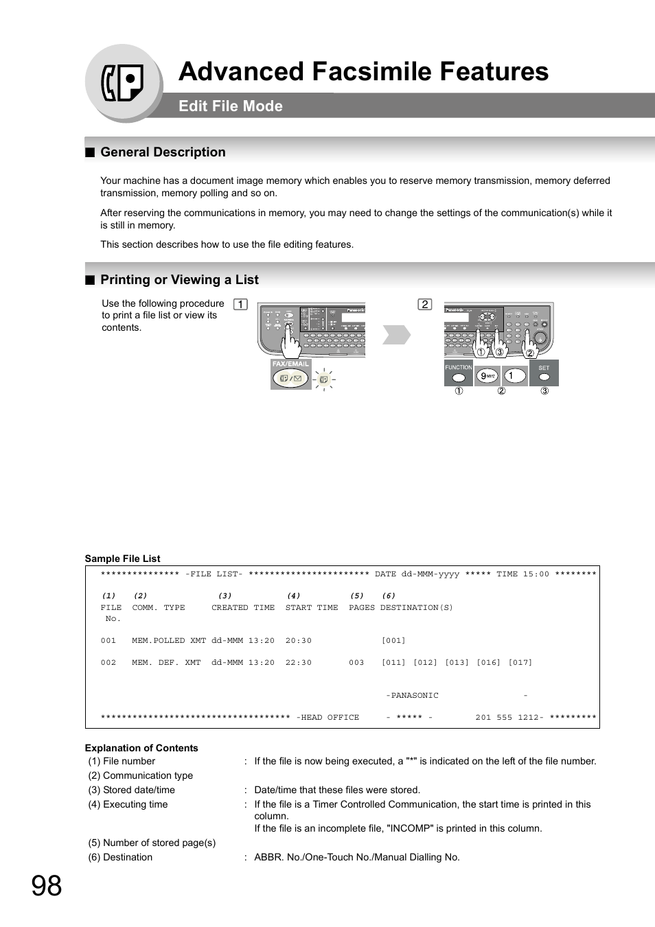 Edit file mode, General description, Printing or viewing a list | Advanced facsimile features | Panasonic DP-180 User Manual | Page 98 / 194