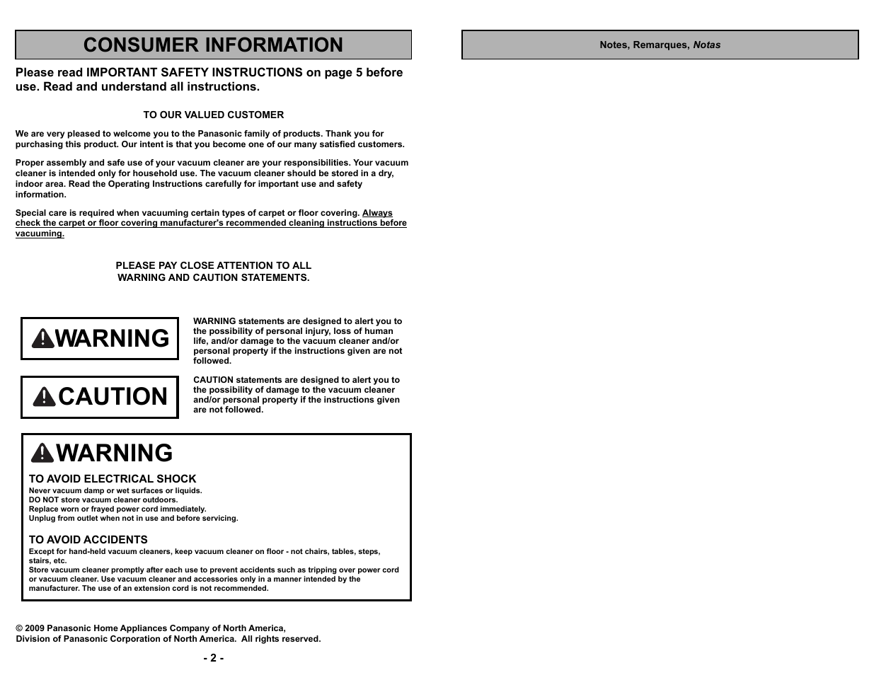 Warning, Caution, Consumer information | Panasonic MC-UG693 User Manual | Page 74 / 76