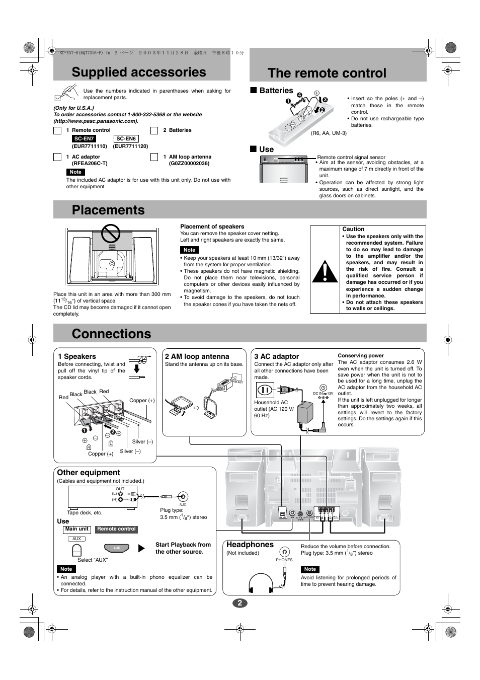 Supplied accessories, The remote control, Placements | Connections, G batteries, G use, Headphones, Other equipment, 3 ac adaptor, 1 speakers | Panasonic SC-EN6 User Manual | Page 2 / 8