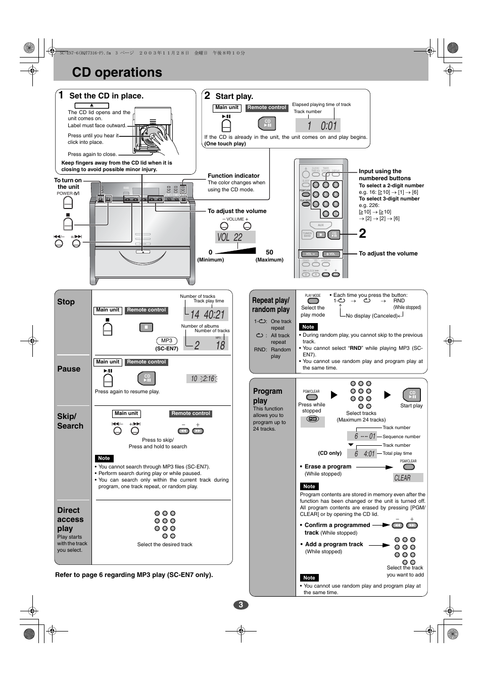 Cd operations, Vol 22, Set the cd in place | Start play, Stop pause skip/ search, Repeat play/ random play, Program play, Direct access play, Clear, Refer to page 6 regarding mp3 play (sc-en7 only) | Panasonic SC-EN6 User Manual | Page 3 / 8