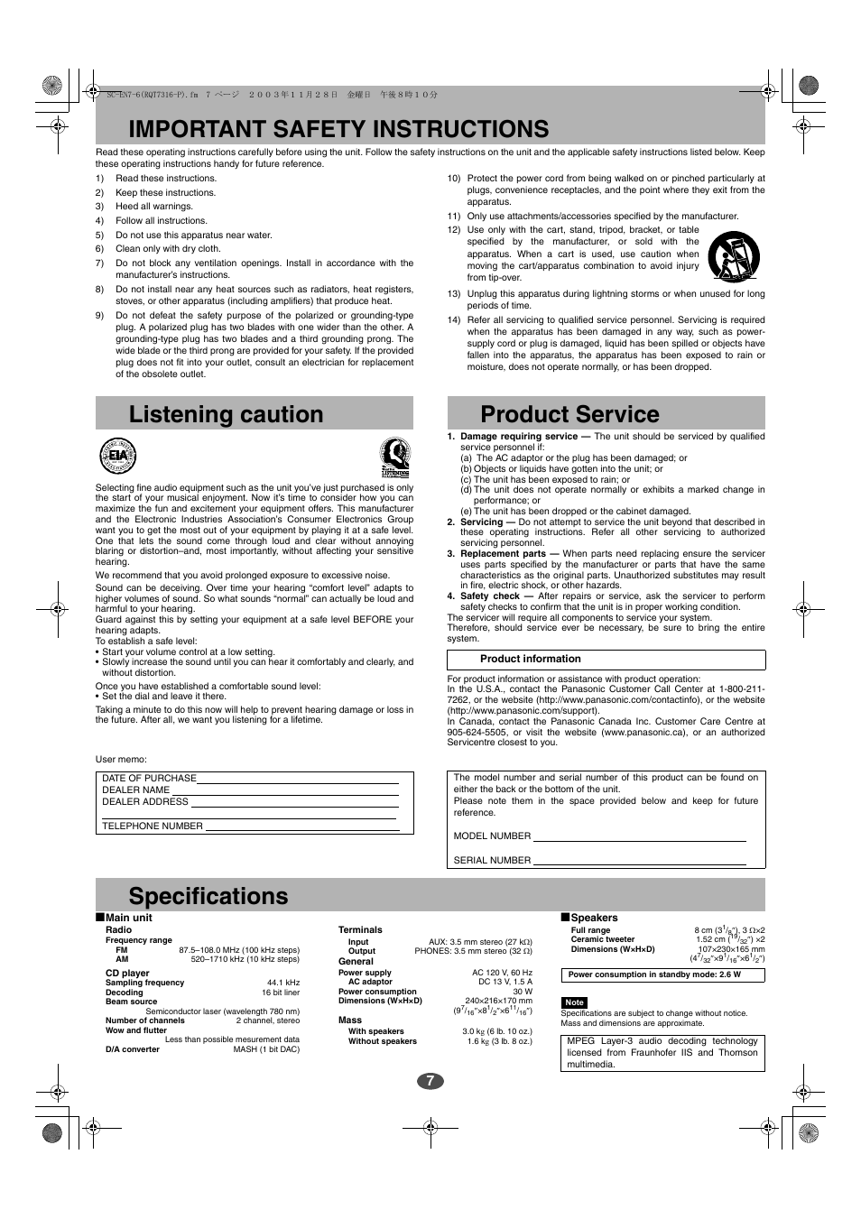 Important safety instructions listening caution, Product service, Specifications | Panasonic SC-EN6 User Manual | Page 7 / 8