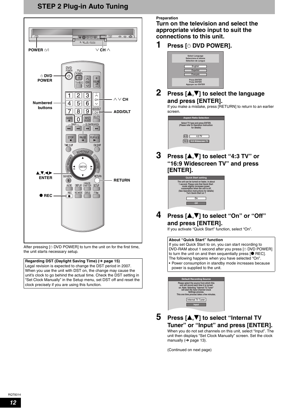 Step 2 plug-in auto tuning, Press [ ^ dvd power | Panasonic DMR-ES15M User Manual | Page 12 / 52