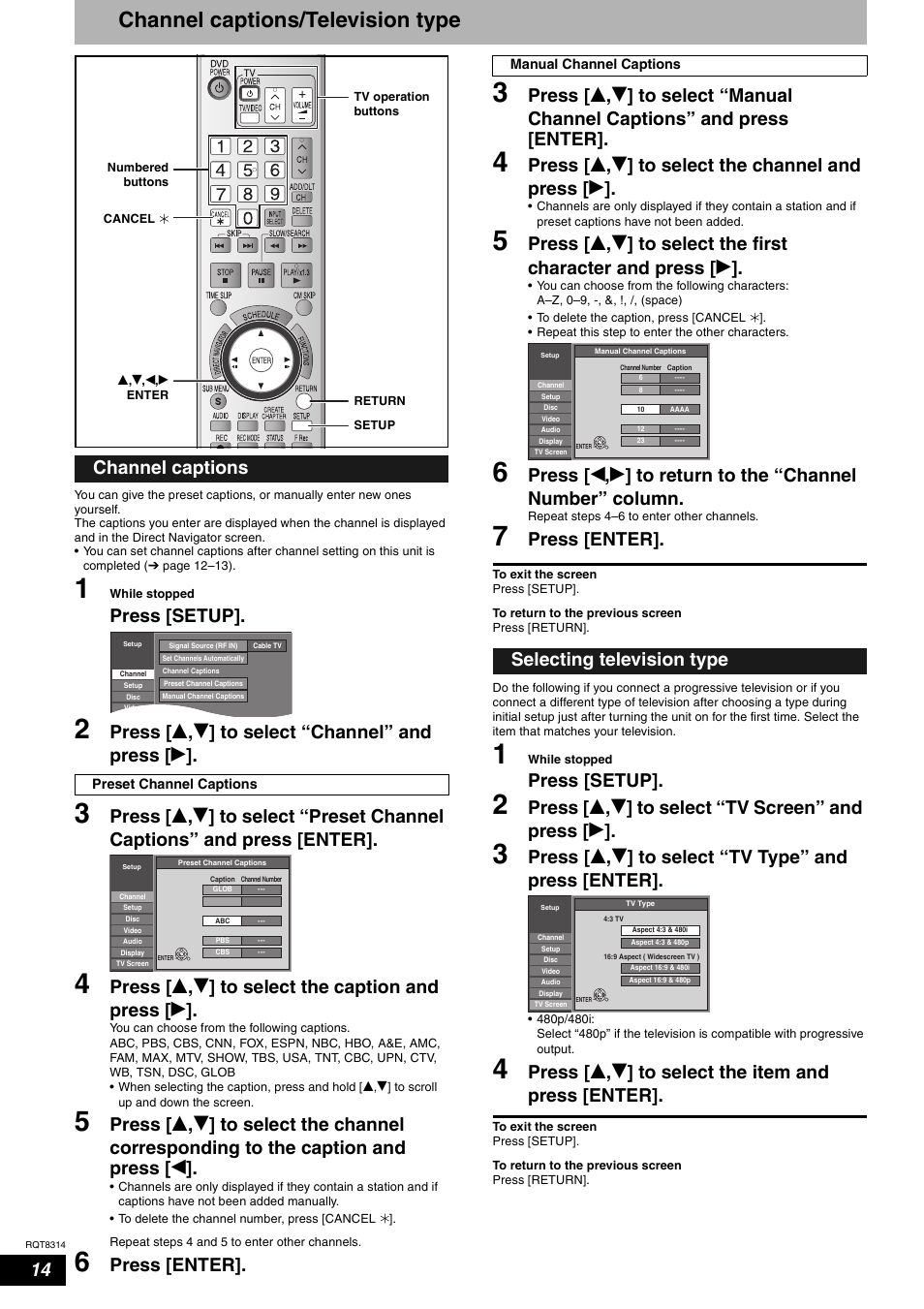 Channel captions/television type, Press [setup, Press [ e , r ] to select “channel” and press [ q | Press [enter, Channel captions, Selecting television type | Panasonic DMR-ES15M User Manual | Page 14 / 52