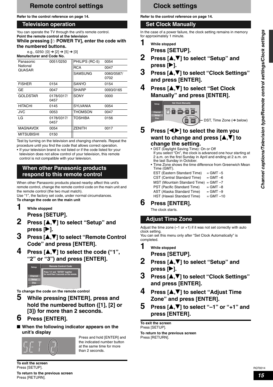 Remote control settings, Clock settings, Press [setup | Press [ e , r ] to select “setup” and press [ q, Press [enter, Television operation, Set clock manually, Adjust time zone | Panasonic DMR-ES15M User Manual | Page 15 / 52