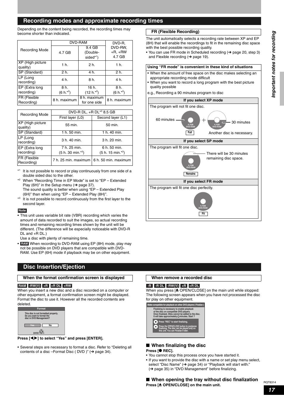 Recording modes and approximate recording times, Disc insertion/ejection, Nwhen finalizing the disc | Nwhen opening the tray without disc finalization | Panasonic DMR-ES15M User Manual | Page 17 / 52