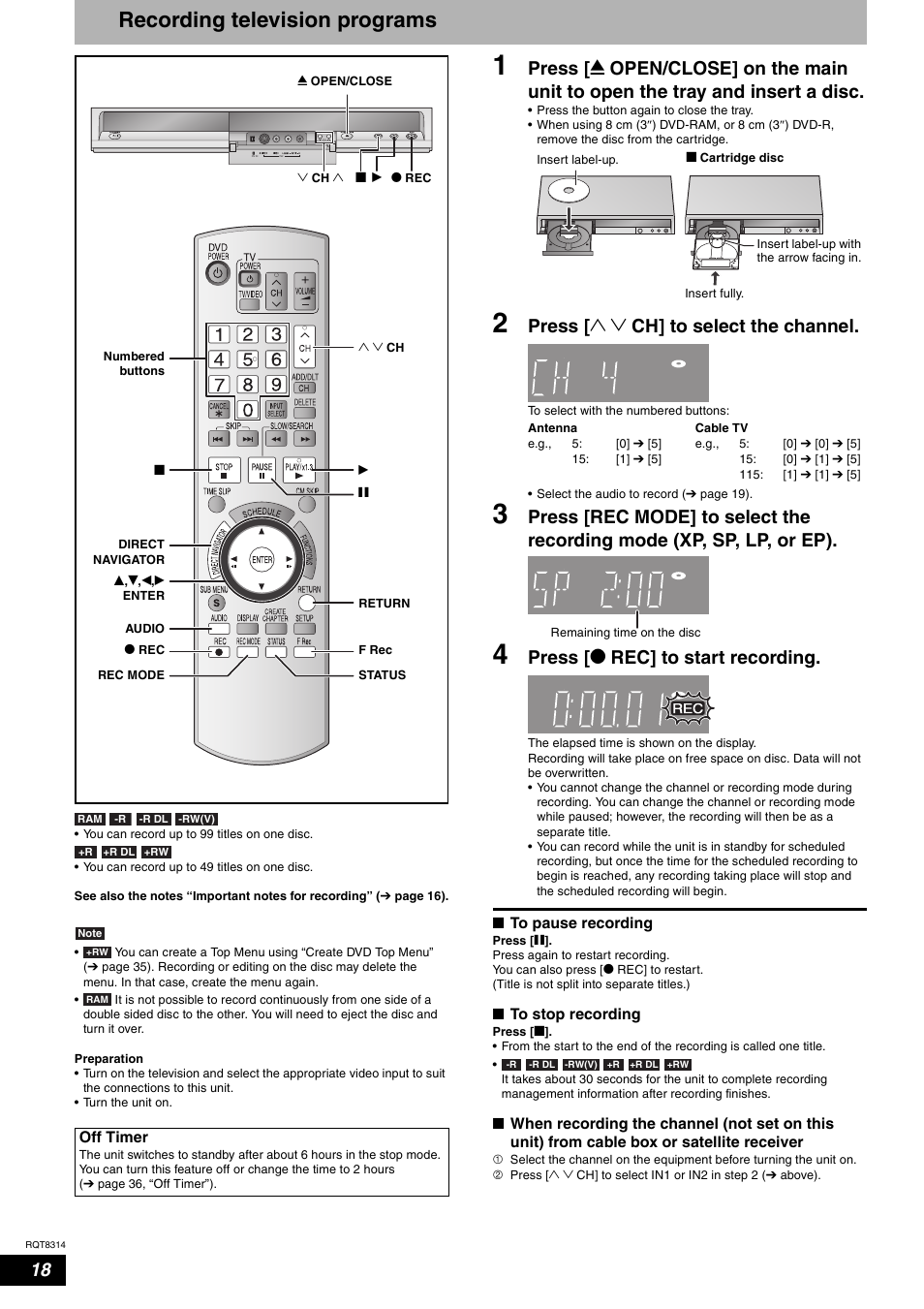 Recording television programs, Press [ 1 2 ch] to select the channel, Press [ * rec] to start recording | Panasonic DMR-ES15M User Manual | Page 18 / 52