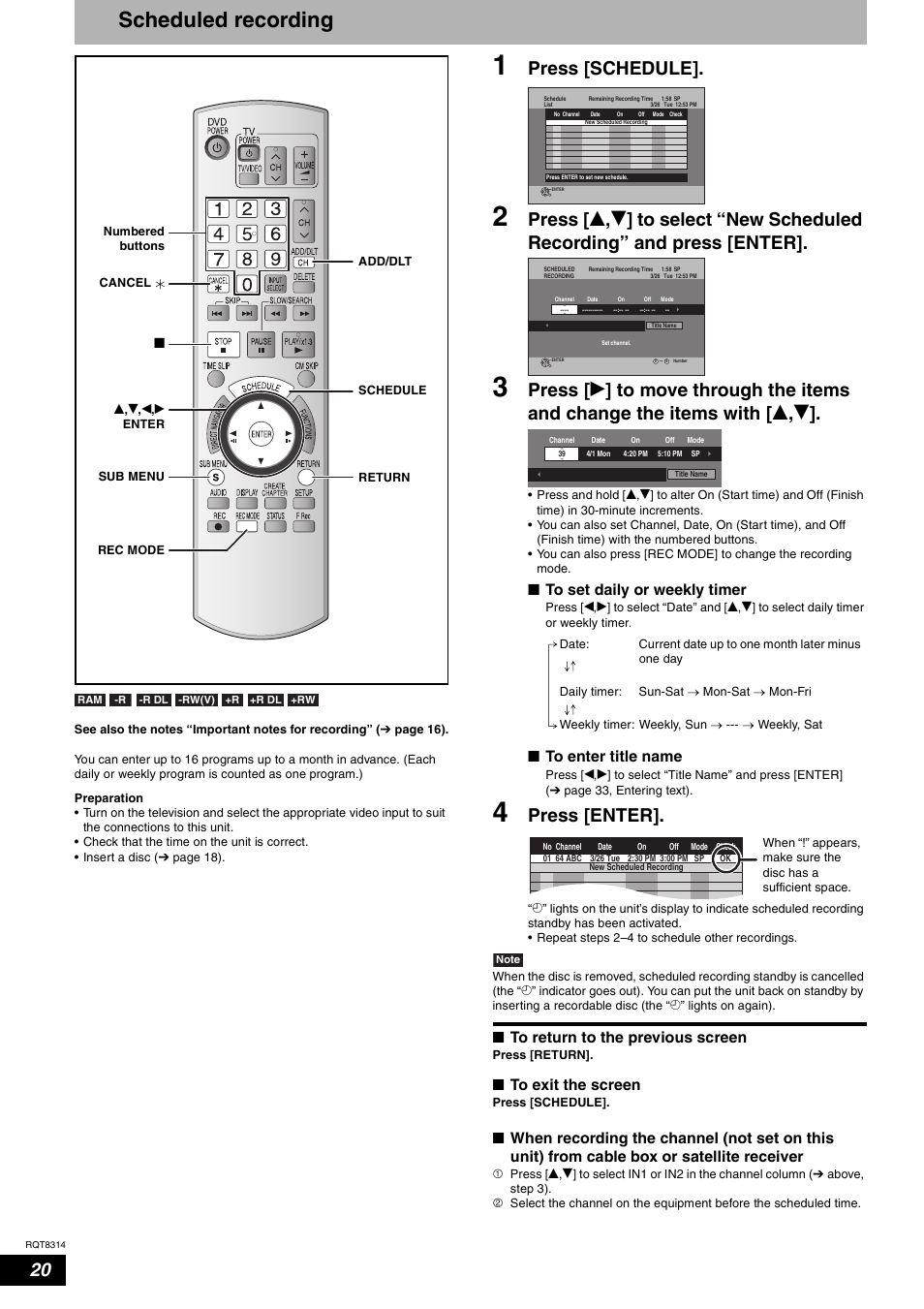 Scheduled recording, Press [schedule, Press [enter | Nto set daily or weekly timer, Nto enter title name, Nto return to the previous screen, Nto exit the screen | Panasonic DMR-ES15M User Manual | Page 20 / 52