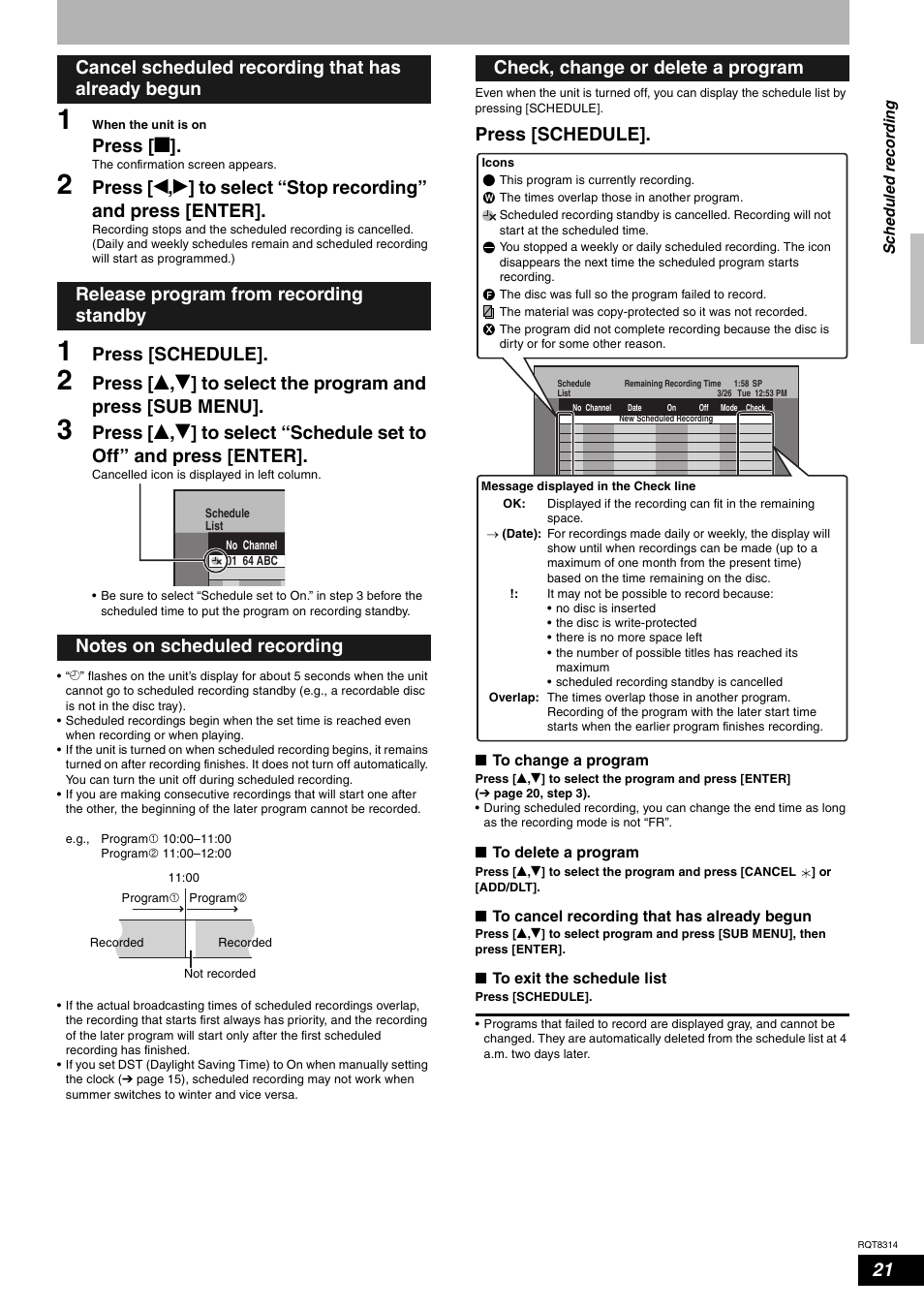 Press [ g, Press [schedule, Check, change or delete a program | Panasonic DMR-ES15M User Manual | Page 21 / 52
