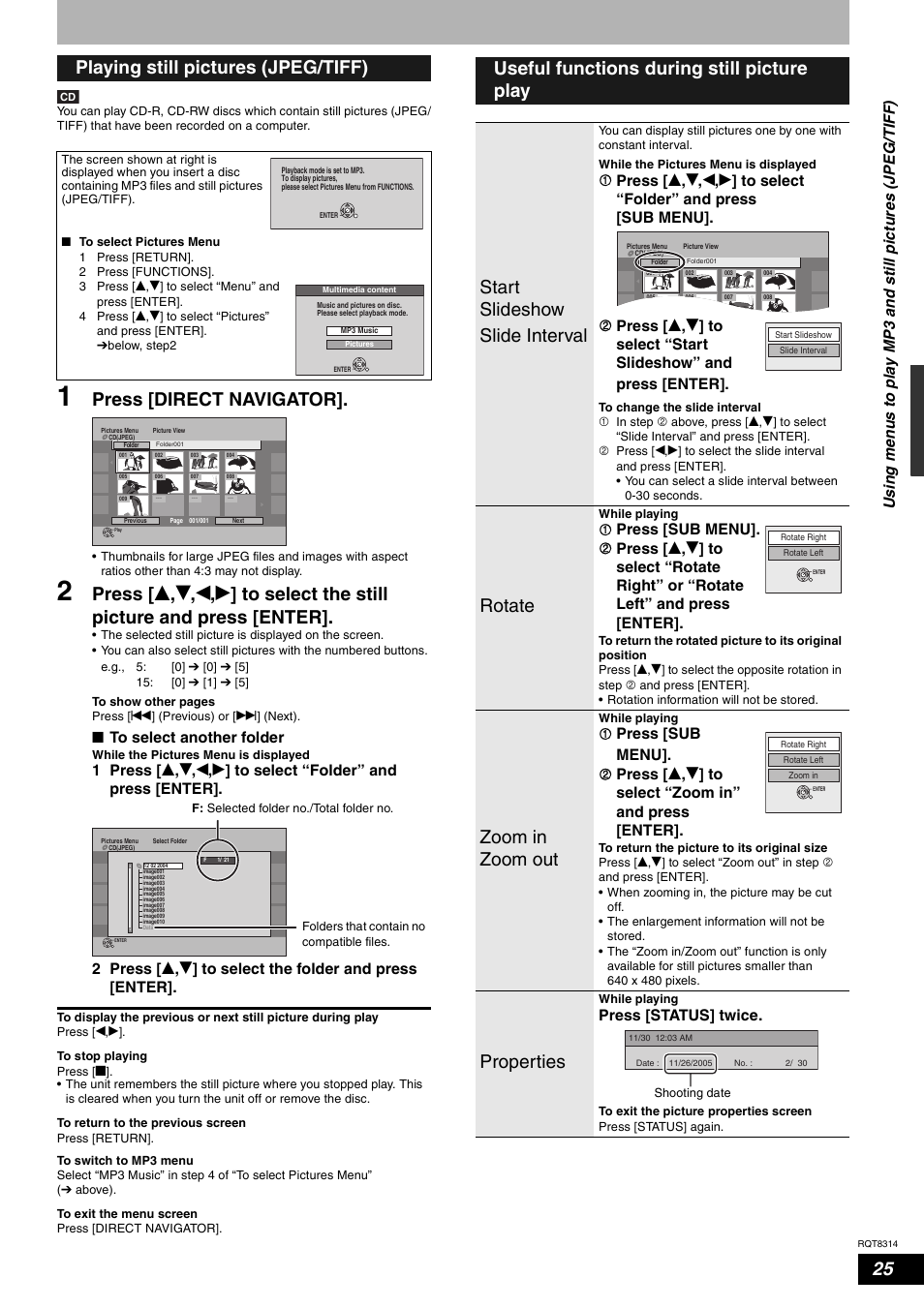Press [direct navigator, Playing still pictures (jpeg/tiff), Rotate | Zoom in zoom out, Properties, Nto select another folder, Press [status] twice | Panasonic DMR-ES15M User Manual | Page 25 / 52