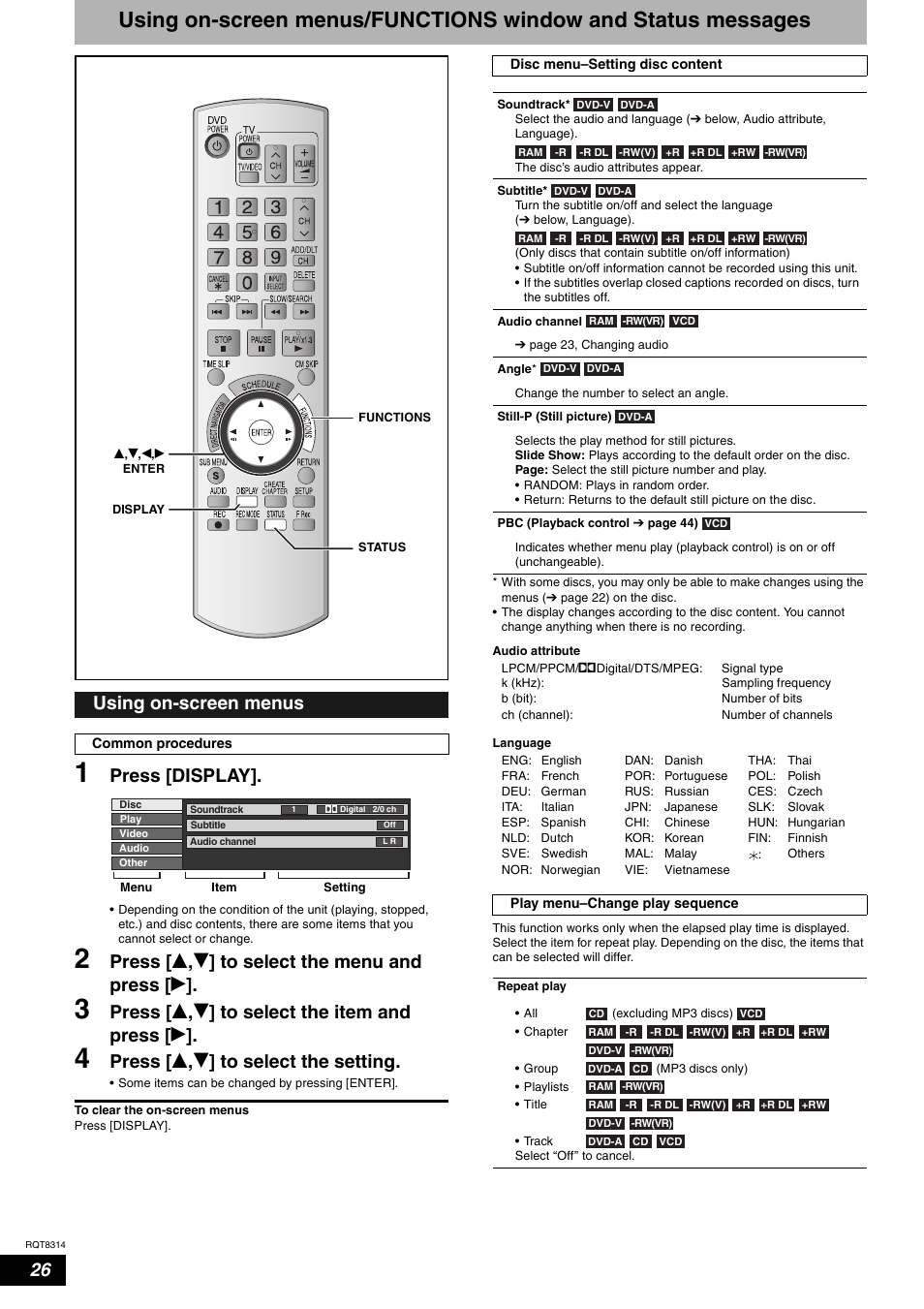 Press [display, Press [ e , r ] to select the menu and press [ q, Press [ e , r ] to select the item and press [ q | Press [ e , r ] to select the setting, Using on-screen menus | Panasonic DMR-ES15M User Manual | Page 26 / 52