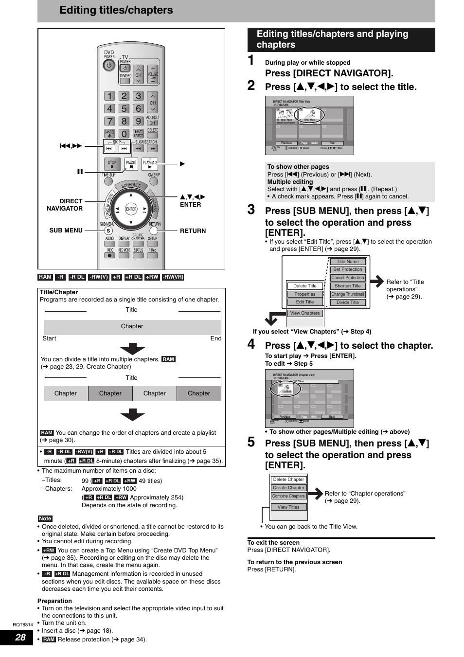 Editing, Editing titles/chapters, Press [direct navigator | Press [ e , r , w , q ] to select the title, Press [ e , r , w , q ] to select the chapter, Editing titles/chapters and playing chapters | Panasonic DMR-ES15M User Manual | Page 28 / 52