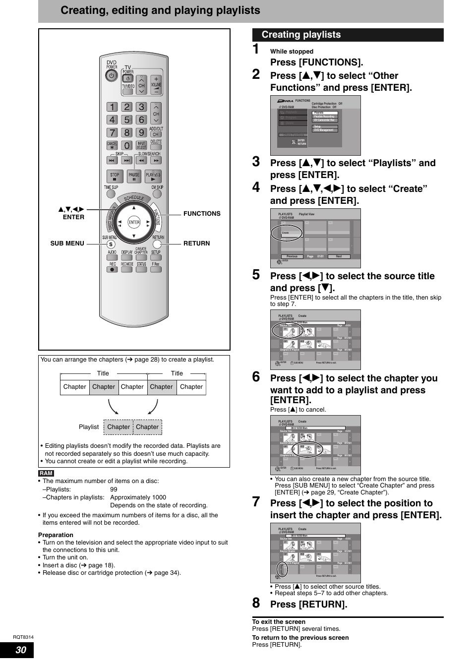 Creating, editing and playing playlists, Press [functions, Press [return | Creating playlists | Panasonic DMR-ES15M User Manual | Page 30 / 52