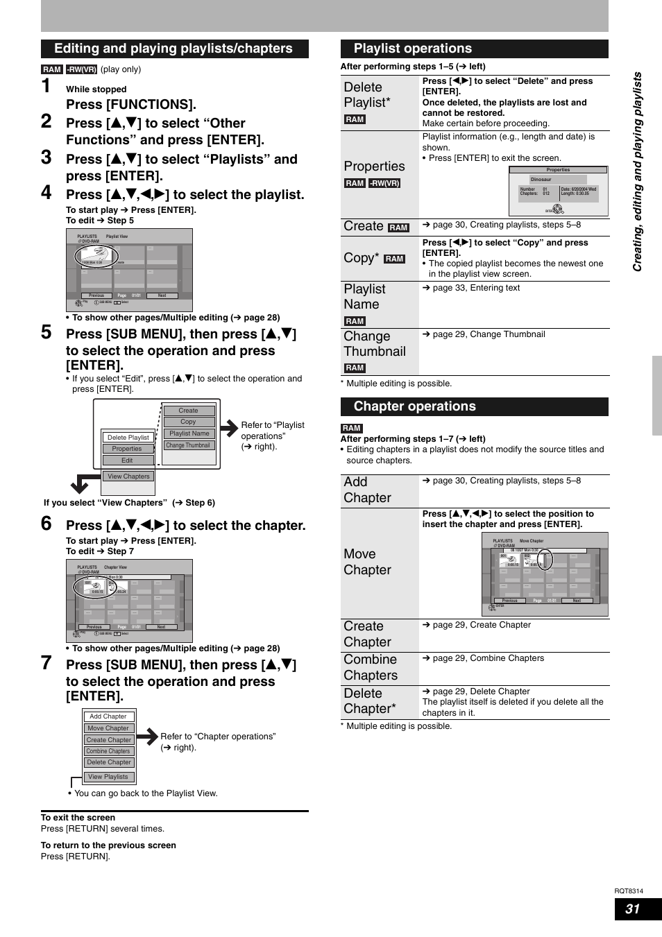 Press [functions, Press [ e , r , w , q ] to select the playlist, Press [ e , r , w , q ] to select the chapter | Editing and playing playlists/chapters, Playlist operations delete playlist, Properties, Create, Copy, Playlist name, Change thumbnail | Panasonic DMR-ES15M User Manual | Page 31 / 52