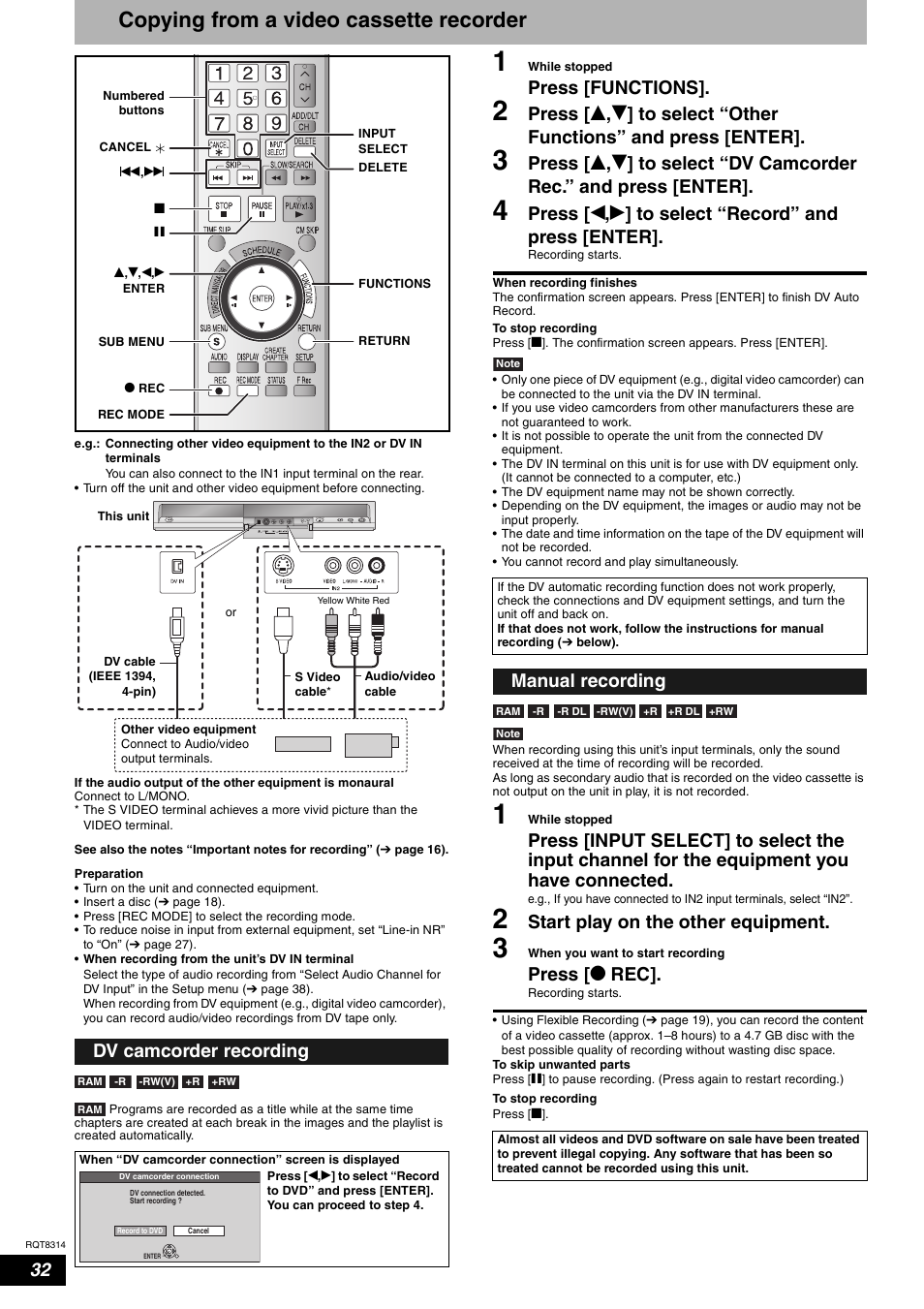 Copying, Copying from a video cassette recorder, Press [functions | Start play on the other equipment, Press [ * rec, Dv camcorder recording, Manual recording | Panasonic DMR-ES15M User Manual | Page 32 / 52