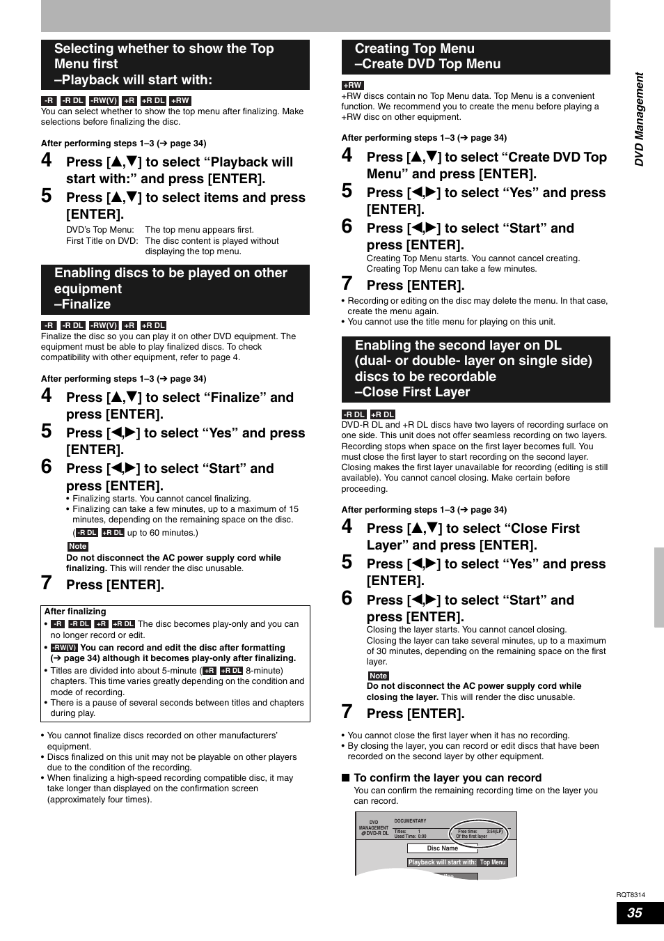 Press [ e , r ] to select items and press [enter, Press [ w , q ] to select “yes” and press [enter, Press [ w , q ] to select “start” and press [enter | Press [enter | Panasonic DMR-ES15M User Manual | Page 35 / 52