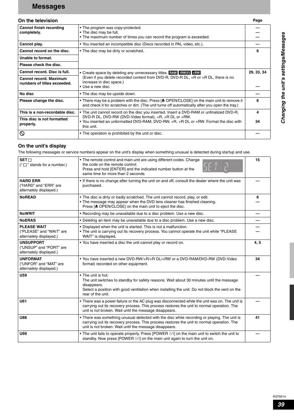 Reference, Messages | Panasonic DMR-ES15M User Manual | Page 39 / 52