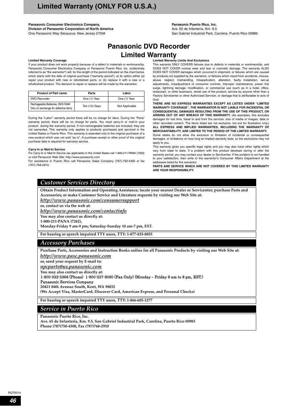 Limited warranty (only for u.s.a.), Panasonic dvd recorder limited warranty, Accessory purchases customer services directory | Service in puerto rico | Panasonic DMR-ES15M User Manual | Page 46 / 52