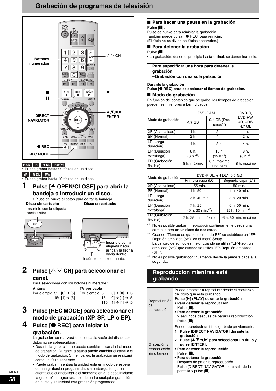 Grabación de programas de televisión, Pulse [ 1 2 ch] para seleccionar el canal, Pulse [ * rec] para iniciar la grabación | Reproducción mientras está grabando | Panasonic DMR-ES15M User Manual | Page 50 / 52