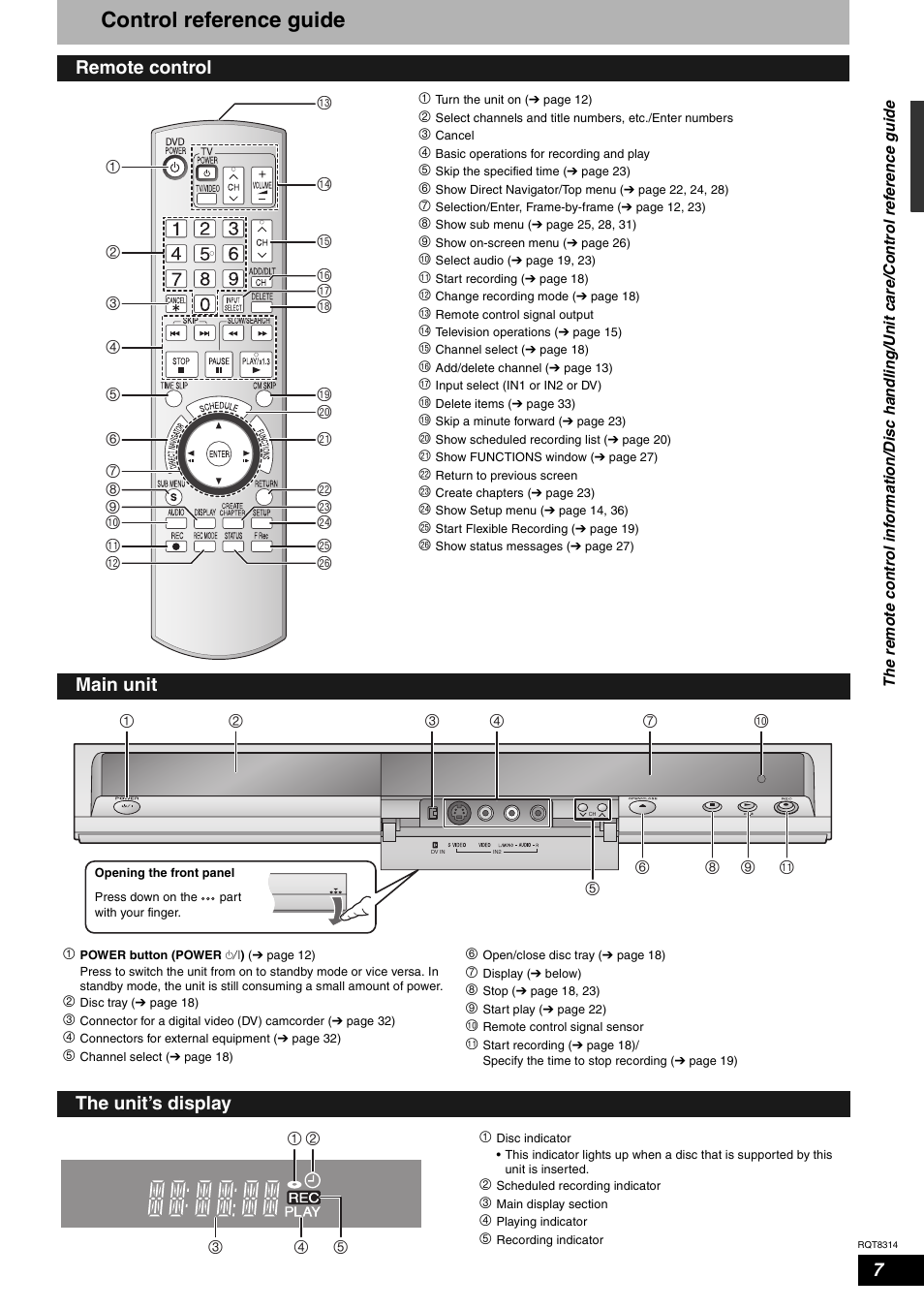 Control reference guide, Main unit the unit’s display | Panasonic DMR-ES15M User Manual | Page 7 / 52