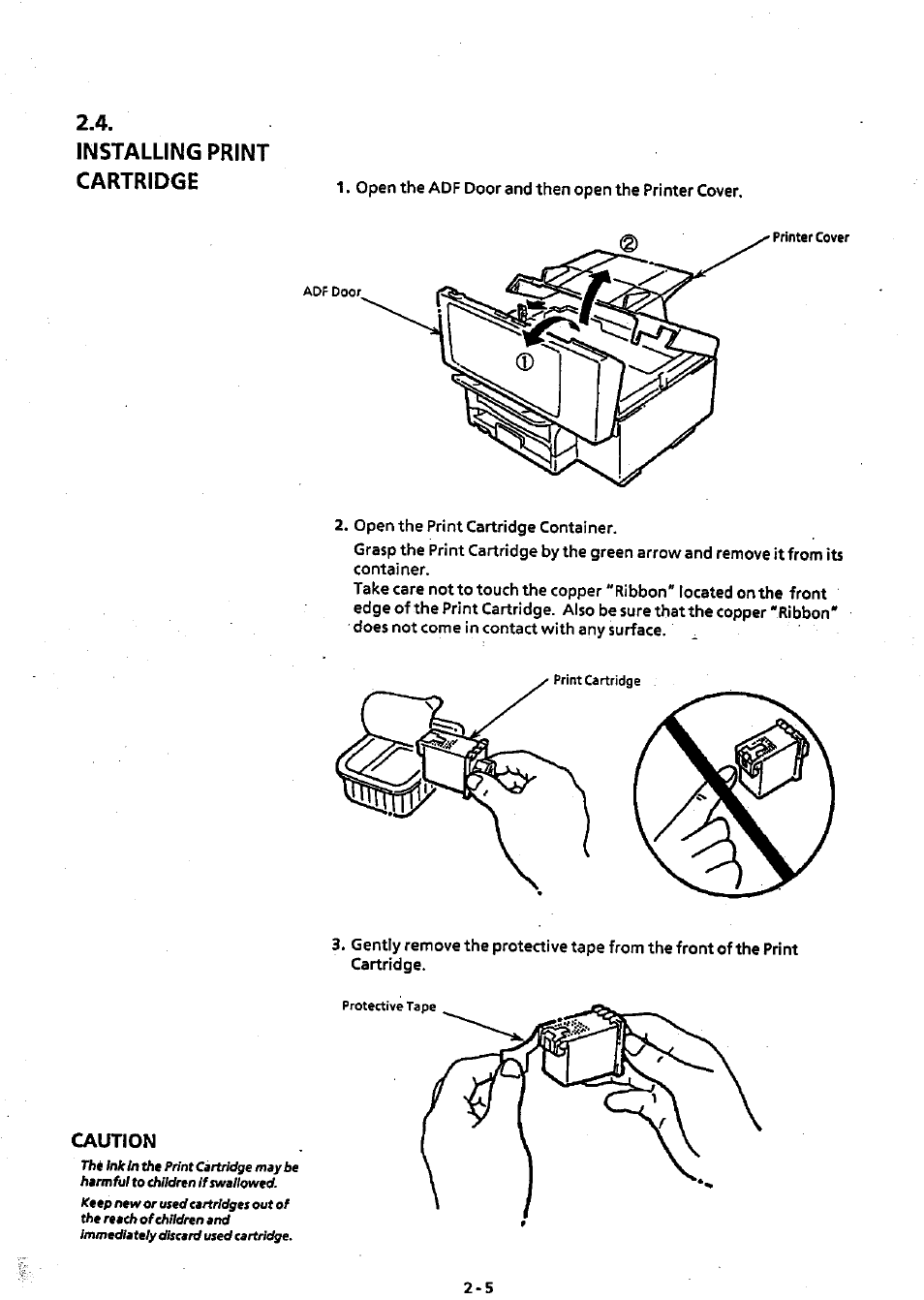 Installing print cartridge, Caution, Installing print cartridge -5 | Panasonic Panafax UF-311 User Manual | Page 14 / 75