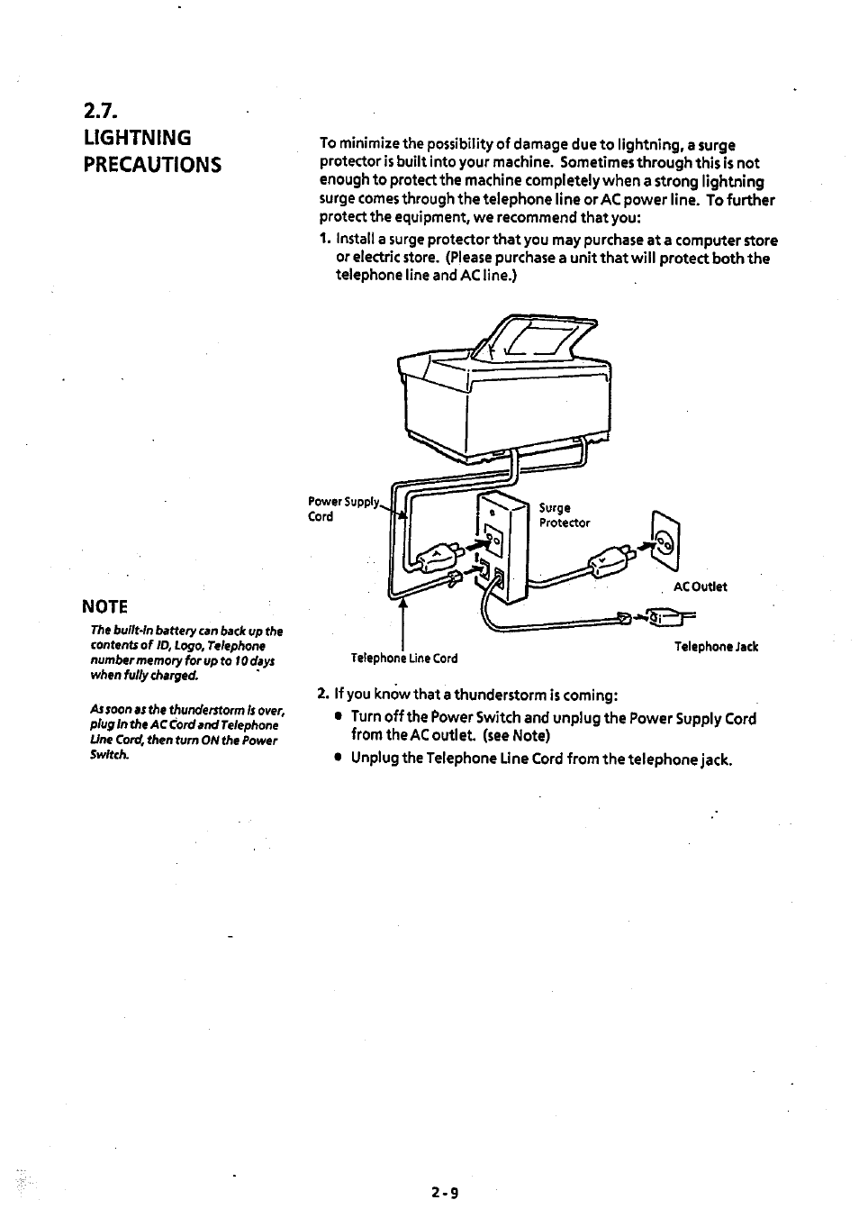 Note, Lightning precautions | Panasonic Panafax UF-311 User Manual | Page 18 / 75